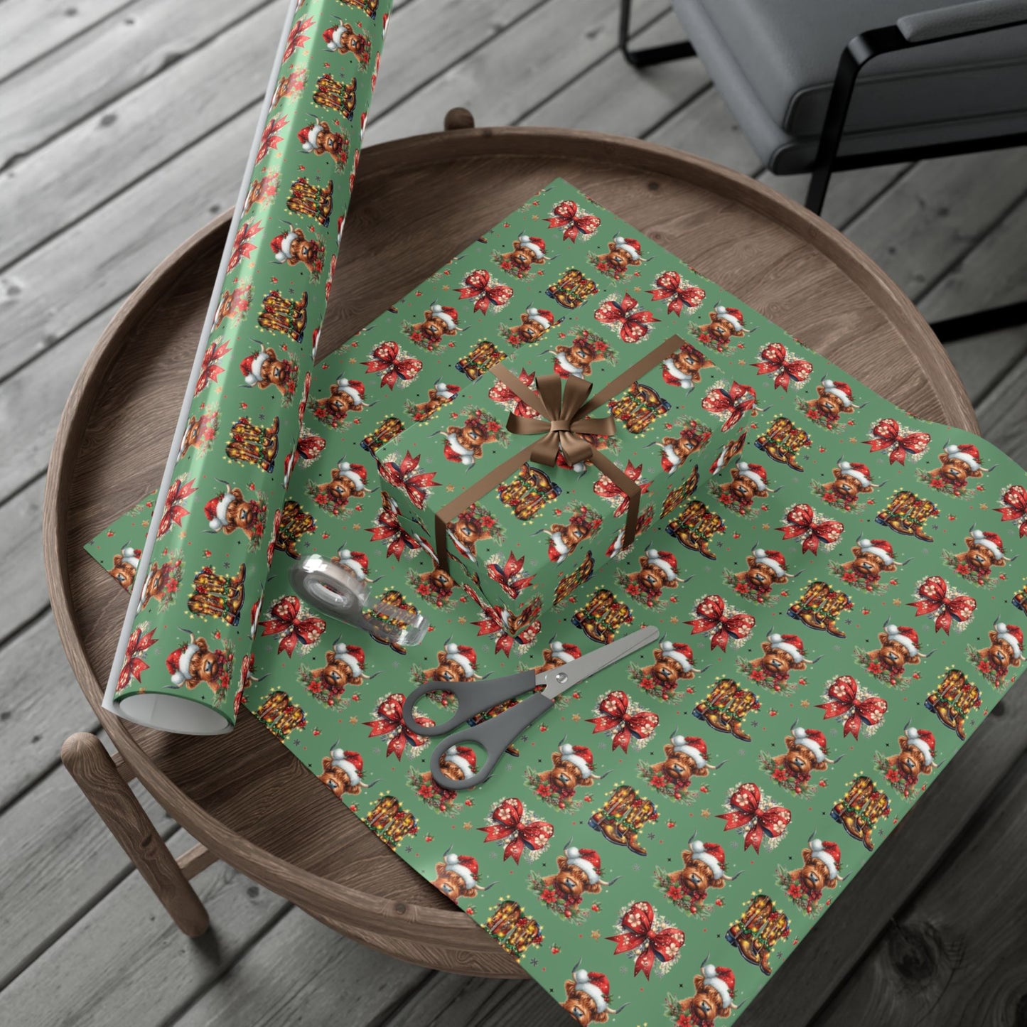 Christmas Highland Cows and Bows Gift Wrapping Paper (SVG Available)