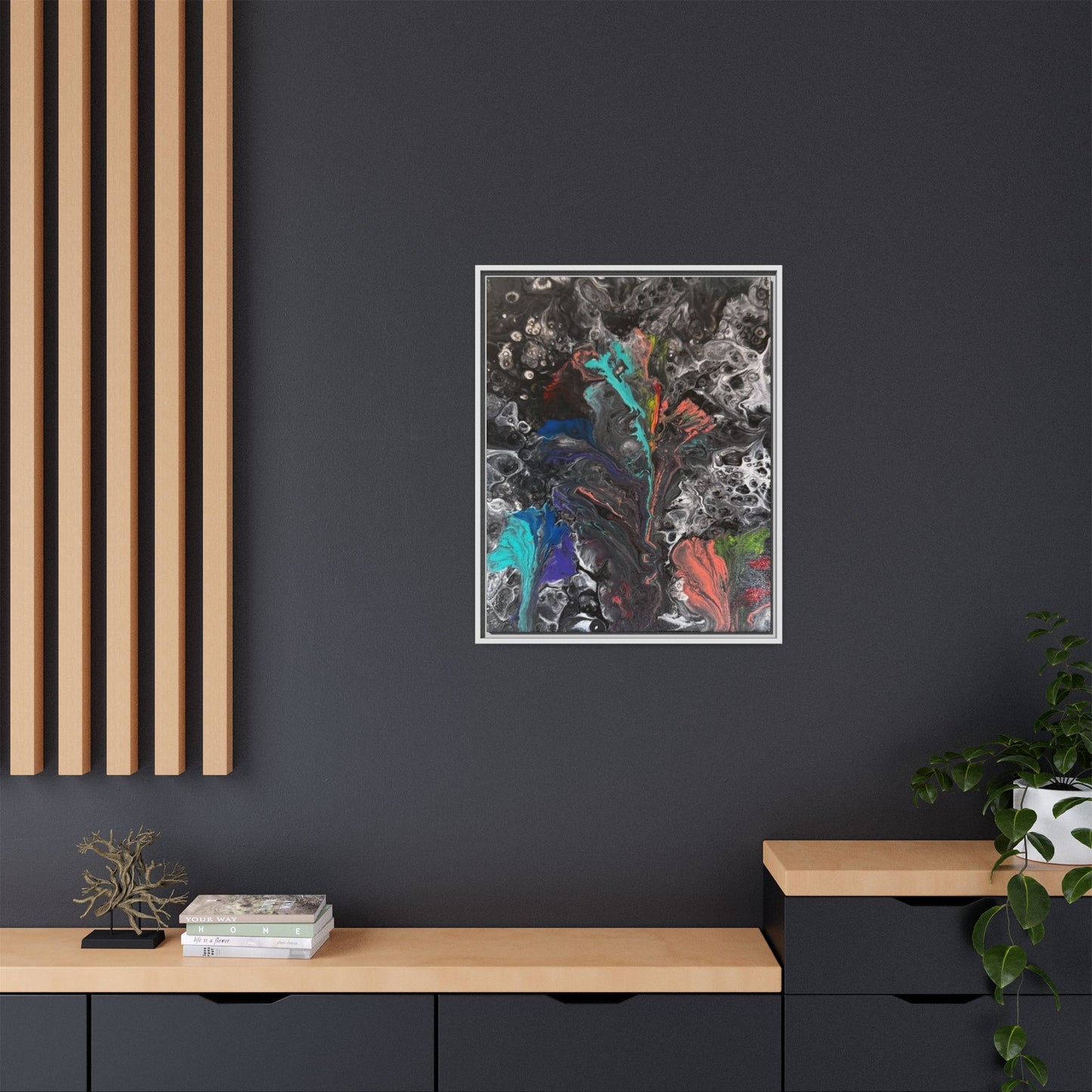 Mystic Bloom: Matte Canvas Framed Print — Multicolor Pour Painting Wall Art
