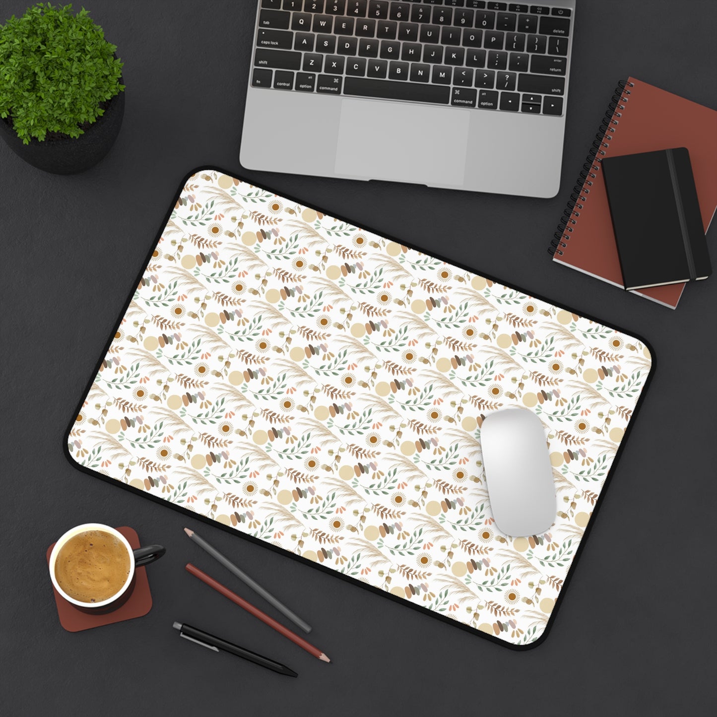 Beige Floral Desk Mat — Neutral Floral Pattern Mouse Pad for Home Office