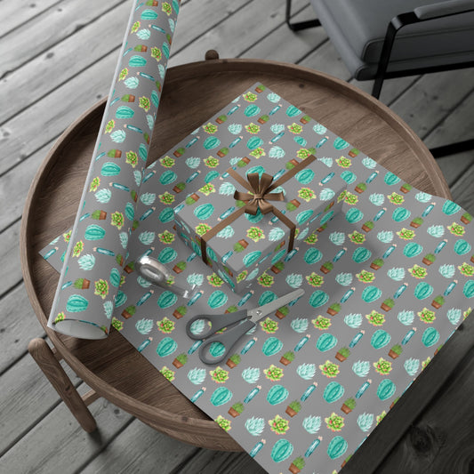 Succulent Pattern Gift Wrap Paper – Gray Botanical Cactus Wrapping Roll