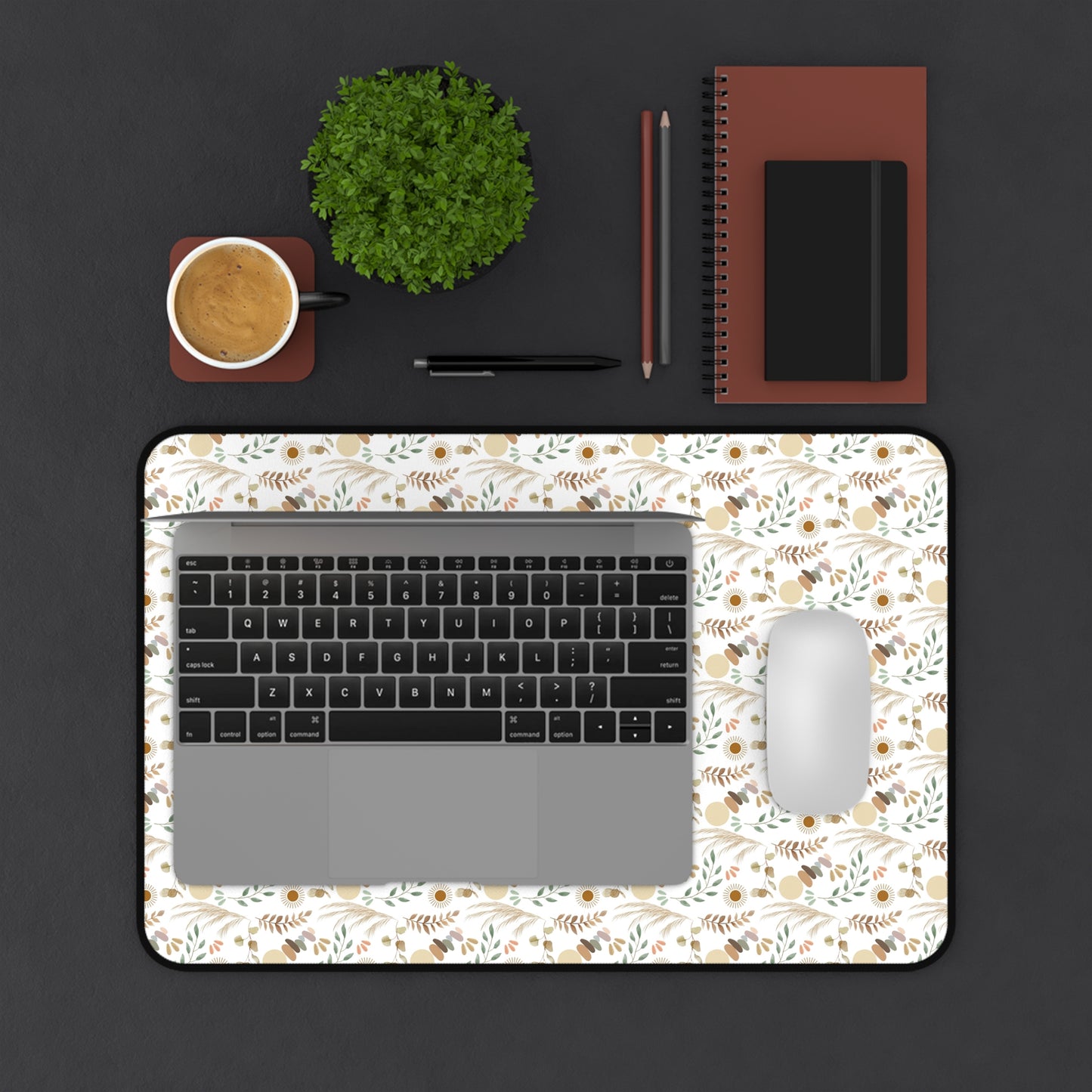 Beige Floral Desk Mat — Neutral Floral Pattern Mouse Pad for Home Office