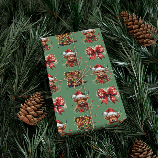 Christmas Highland Cows and Bows Gift Wrapping Paper (SVG Available)