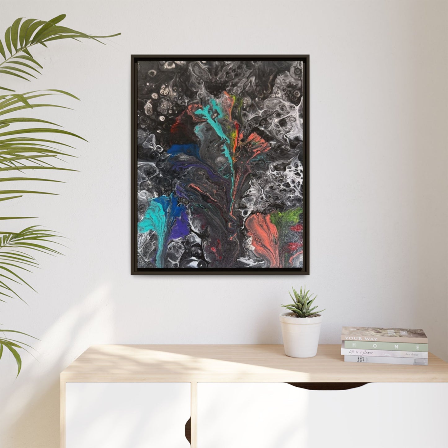 Mystic Bloom: Matte Canvas Framed Print — Multicolor Pour Painting Wall Art