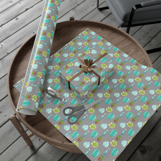 Succulent Pattern Gift Wrap Paper – Gray Botanical Cactus Wrapping Roll
