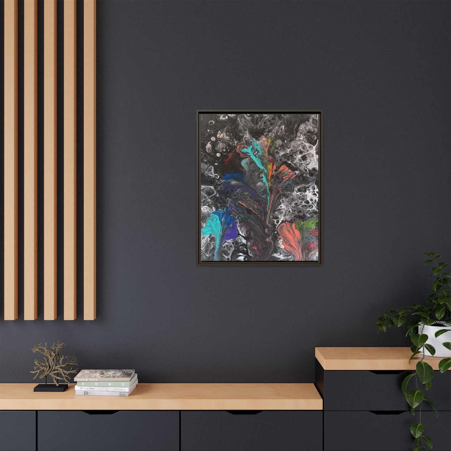 Mystic Bloom: Matte Canvas Framed Print — Multicolor Pour Painting Wall Art