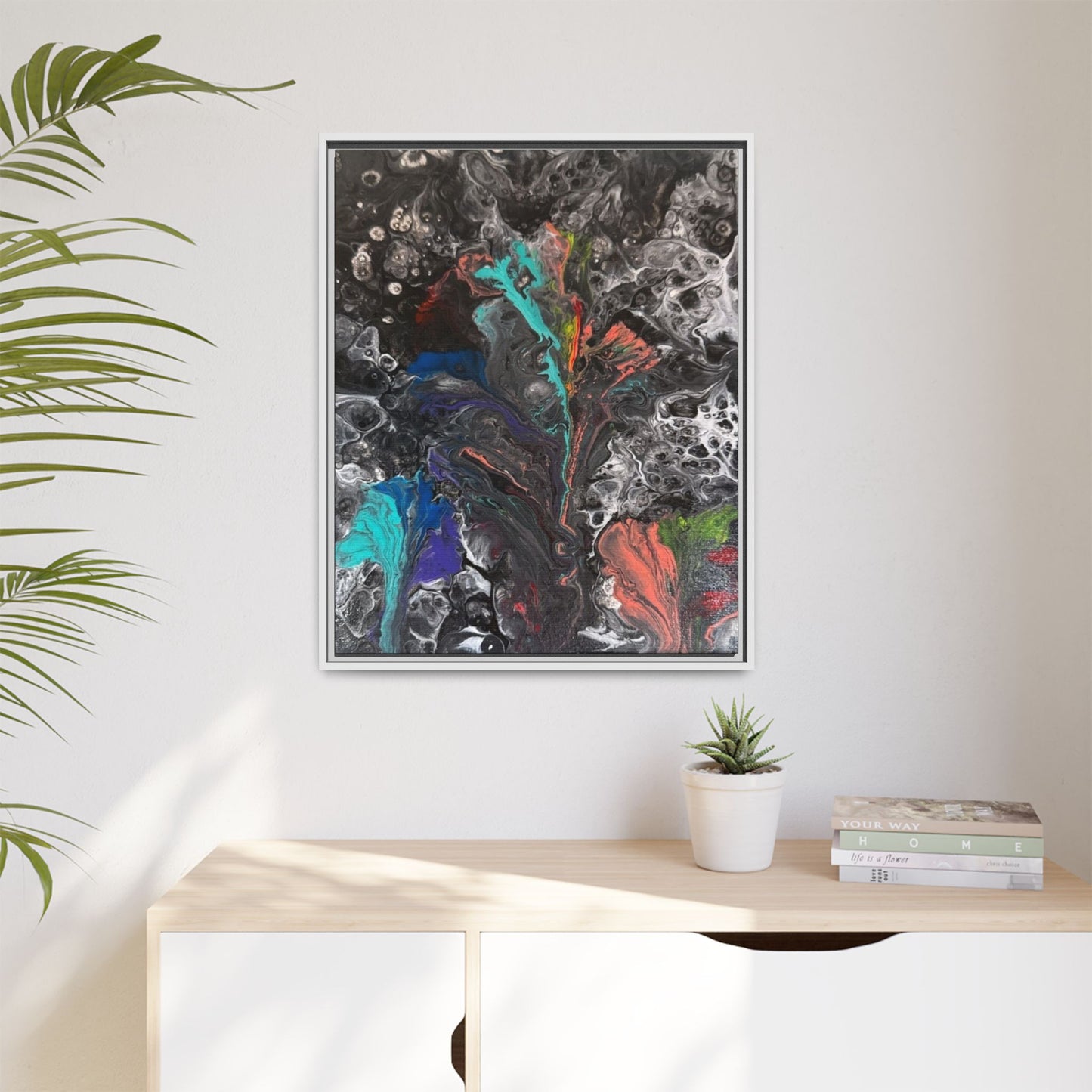 Mystic Bloom: Matte Canvas Framed Print — Multicolor Pour Painting Wall Art