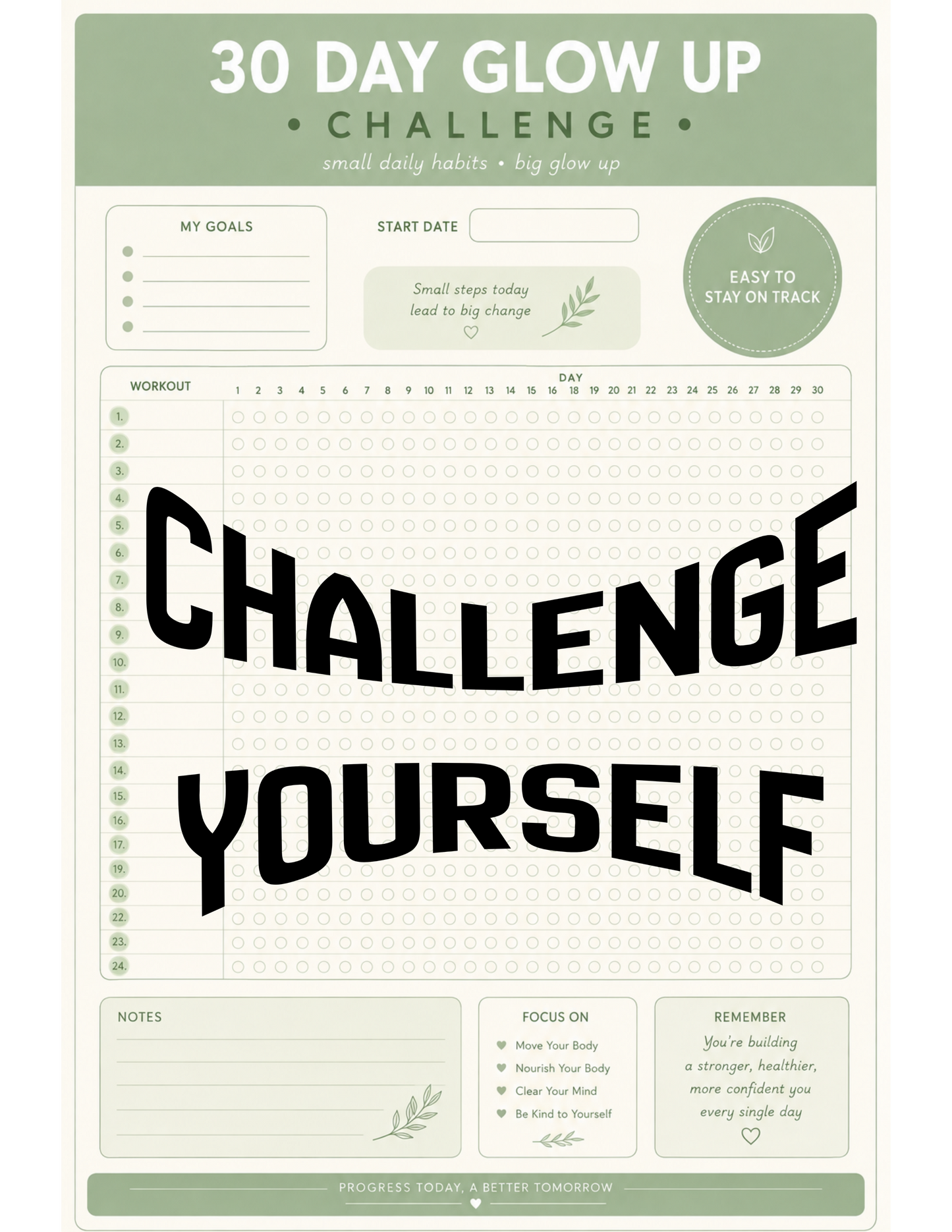 30 Day Glow Up Challenge Printable | Habit Tracker | Self Care Planner | Wellness Journal | Instant Digital Download