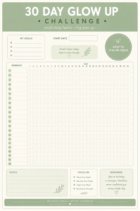 30 Day Glow Up Challenge Printable | Habit Tracker | Self Care Planner | Wellness Journal | Instant Digital Download