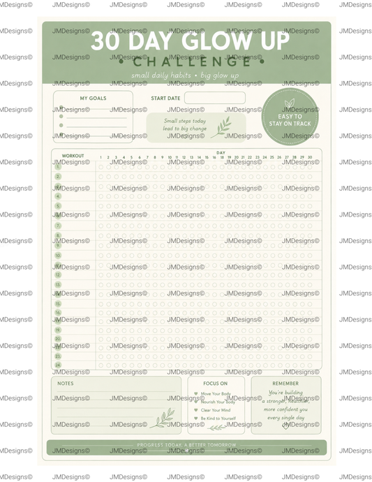 30 Day Glow Up Challenge Printable | Habit Tracker | Self Care Planner | Wellness Journal | Instant Digital Download